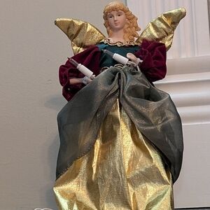 Porcelain 12 in Burgundy Green And Gold Vintage Angel Christmas Tree Topper